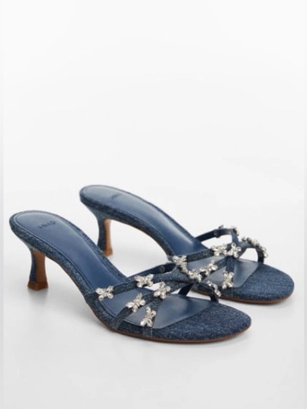 Mango Rhinestone Denim Kitten Heel Sandals Amina Muaddi Style Size 7.5